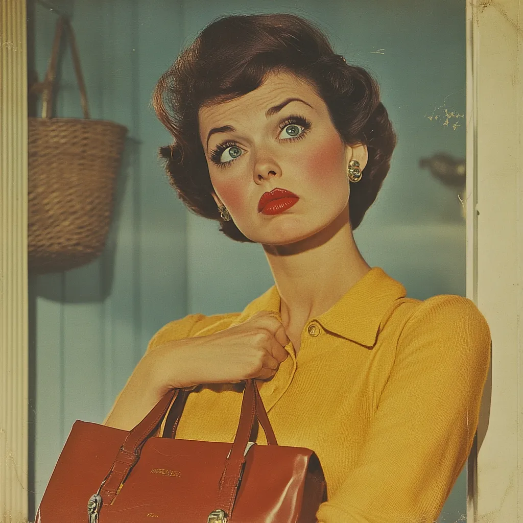 A vintage-style portrait of a woman with a classic 1950s hairstyle. She's wearing a mustard-yellow collared sweater and clutches a brown leather handbag.  Her makeup is bold, featuring red lipstick and rosy cheeks.  The background is a muted teal, with a wicker basket subtly visible. The overall mood is nostalgic and elegant.