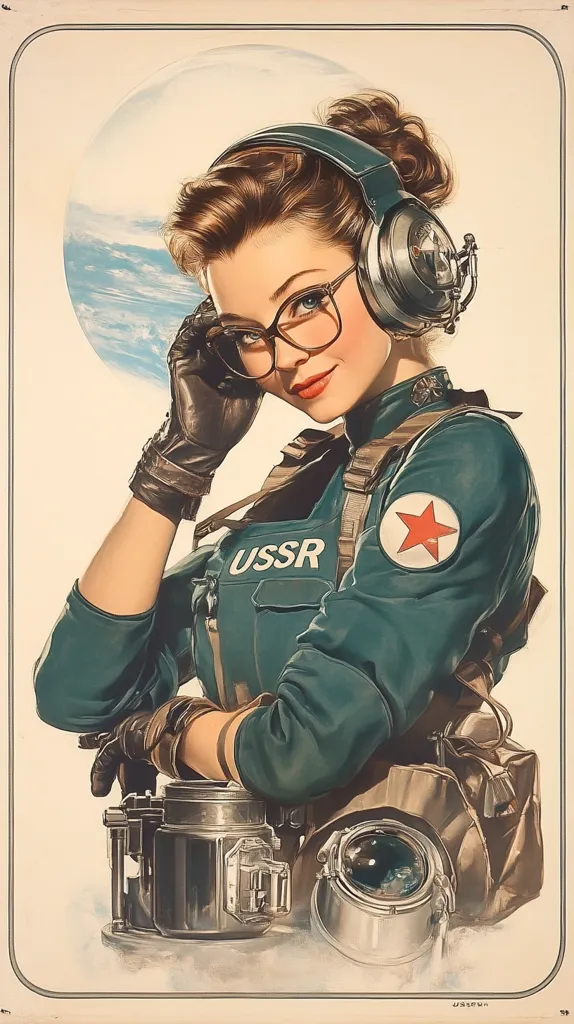 A stylized portrait of a woman in a teal USSR military uniform, wearing headphones and glasses. She holds a leather glove to her face and sits before various pieces of equipment, including a metallic canister and a large lens. The background features a stylized planet Earth.  The image evokes a retro-futuristic aesthetic, suggesting a female Soviet cosmonaut or engineer.