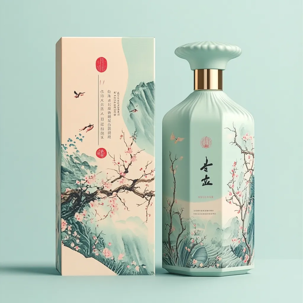 An elegant bottle and box design featuring a pale teal color scheme.  The packaging showcases delicate watercolor-style artwork of blossoming plum branches and misty mountains, evocative of traditional Chinese art.  The bottle has a unique octagonal shape with a matching cap, and features a central character script. The overall aesthetic is refined and suggests a premium product.