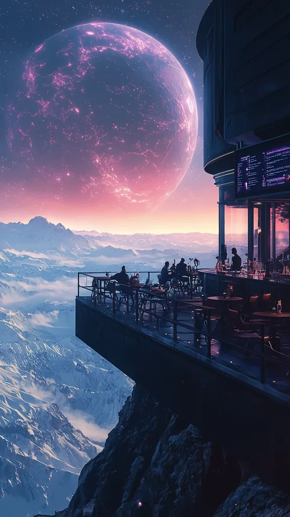 A futuristic bar perched precariously on a cliff overlooking a breathtaking snow-capped mountain range. A giant, glowing pink planet dominates the twilight sky. Patrons sit at tables, enjoying the otherworldly view. The scene is surreal and peaceful, a blend of science fiction and serene natural beauty.  The bar's sleek, dark design contrasts with the vibrant celestial backdrop.