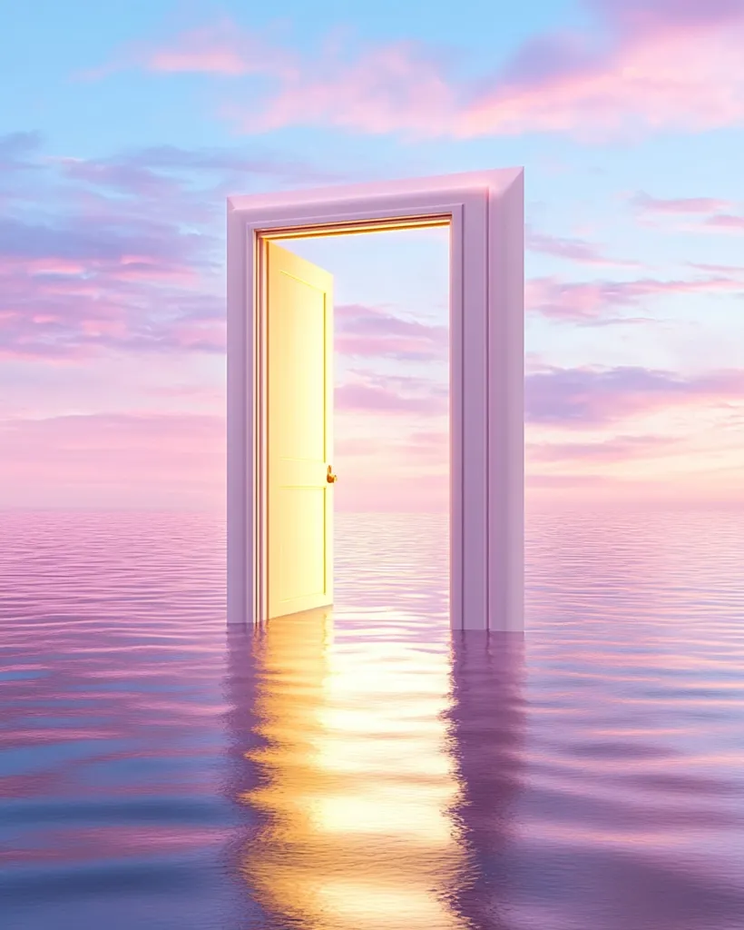A partially submerged, open door stands in calm, pastel-colored water under a serene sunset sky. The door's pale frame contrasts with the soft hues of the water and sky.  The scene evokes a sense of mystery and possibility, suggesting a transition or journey into the unknown. The light filtering through the doorway adds to the dreamlike atmosphere.