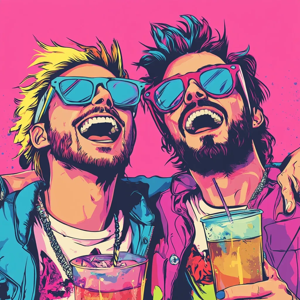 A vibrant, stylized illustration depicts two laughing men, close together.  They sport brightly colored, oversized sunglasses and bold hairstyles.  One has blond, the other teal hair. They wear jackets and necklaces, and each holds a colorful, iced drink. The artwork is in a pop art style with bold outlines and saturated colors against a pink background.  Their joyful expressions create a lively and energetic mood.