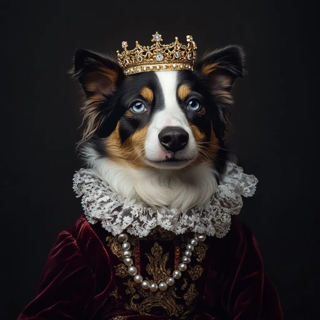 A regal-looking Border Collie dog is the subject of this portrait.  The dog, with striking blue eyes, wears a gold crown and a rich burgundy velvet robe adorned with a pearl necklace and ornate lace collar.  The dark background emphasizes the dog's majestic attire, creating a sophisticated and humorous image.