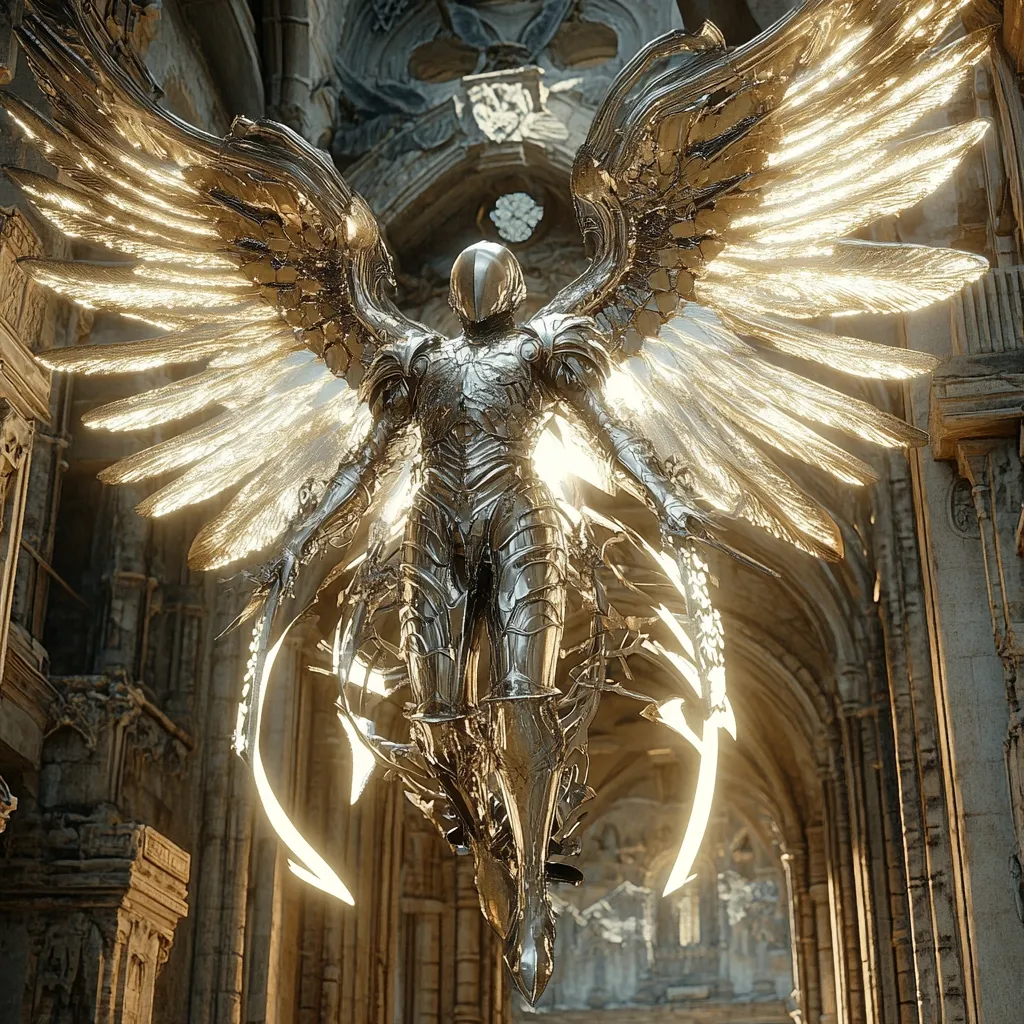 A majestic, metallic angel statue, clad in intricate, ornate armor, floats within a grand, gothic cathedral.  Its large, radiant wings cast a golden glow.  The angel's design is both powerful and ethereal, a blend of technological precision and divine grace, creating a striking visual contrast against the aged stone architecture.  The scene is dramatically lit, highlighting the statue's intricate details and the cathedral's grandeur.