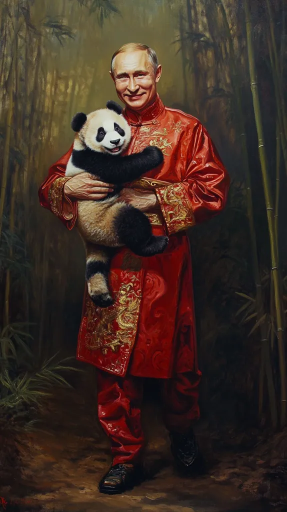 A stylized portrait depicts Vladimir Putin in a vibrant red, gold-embroidered Chinese robe, gently cradling a young panda bear.  The setting is a bamboo forest, lending an air of mystery and diplomacy.  Putin's expression is serene, and the panda appears comfortable in his arms. The painting's rich colors and textures create a dramatic and memorable image.