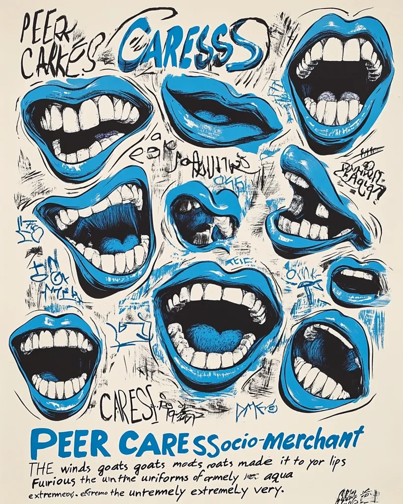 A vibrant poster for "Peer Caress Socio-Merchant" features numerous stylized, open mouths in shades of blue, creating a dynamic and slightly chaotic visual.  The title is prominently displayed, along with cryptic text suggesting a blend of whimsical and possibly unsettling themes.  The overall style is bold and expressive, reminiscent of street art or punk rock aesthetics.