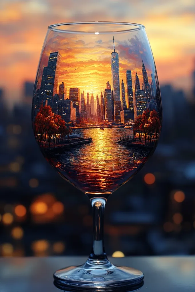 A stemmed wine glass reflects a stunning sunset over the New York City skyline.  The image is expertly crafted, making the city appear as if it's inside the glass.  Warm oranges and reds from the sunset contrast beautifully with the cool blues and grays of the cityscape, creating a captivating and picturesque scene.  Autumnal trees line the waterfront, adding depth to the composition.