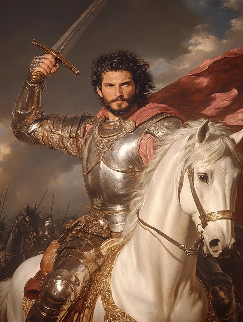 A majestic painting depicts a knight in shining silver armor astride a white steed.  He raises his sword, a determined expression on his face, against a backdrop of a chaotic battlefield.  His dark, curly hair and beard contrast with the gleaming metal. A crimson cape flows behind him, adding to the dramatic effect.  The detail of the armor and horse is exquisite, suggesting a heroic scene of battle.