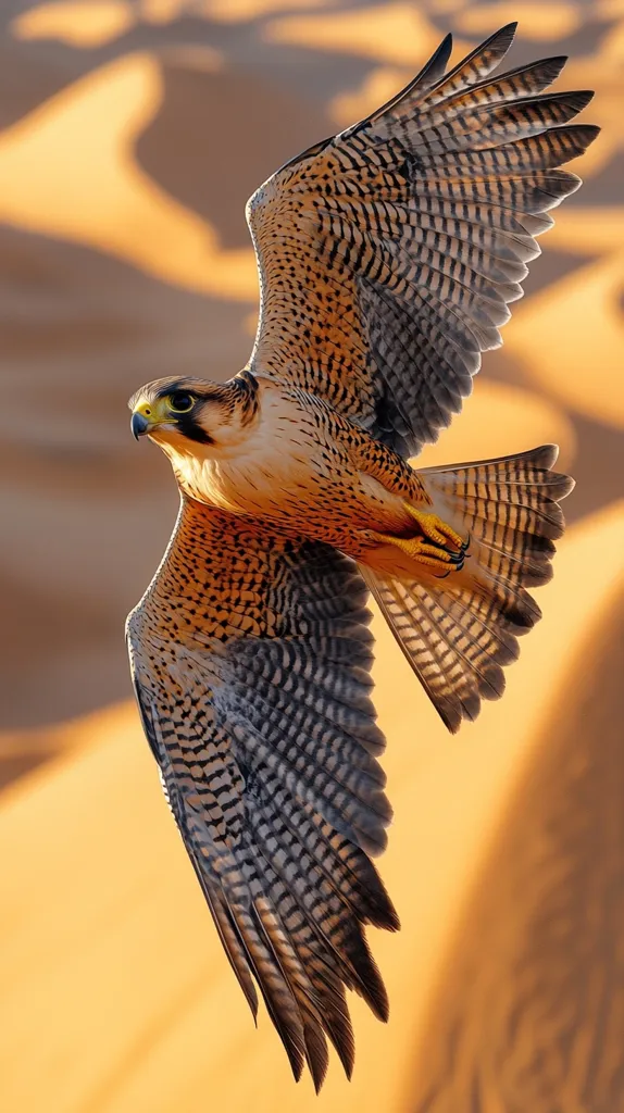 A peregrine falcon in flight, its wings spread wide against a backdrop of sun-drenched sand dunes.  The falcon's feathers are intricately patterned in shades of brown, black, and tan, showcasing a striking contrast against the warm, blurred background. The bird's sharp gaze and powerful wings convey a sense of speed and agility.  The image captures the beauty and grace of this magnificent bird of prey in its natural desert habitat.