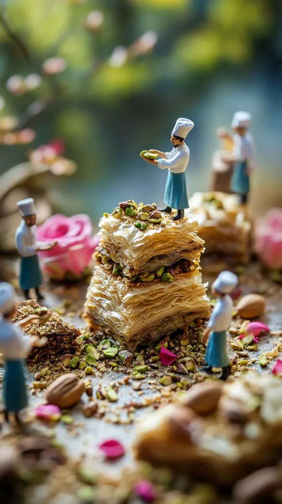 Miniature chefs decorate a towering baklava dessert.  Layers of flaky pastry are piled high, generously sprinkled with pistachios.  The tiny figures, dressed in chef's hats and uniforms, add the finishing touches amidst scattered nuts and rose petals.  The scene is set against a blurred background of springtime blossoms, creating a whimsical and delectable image.