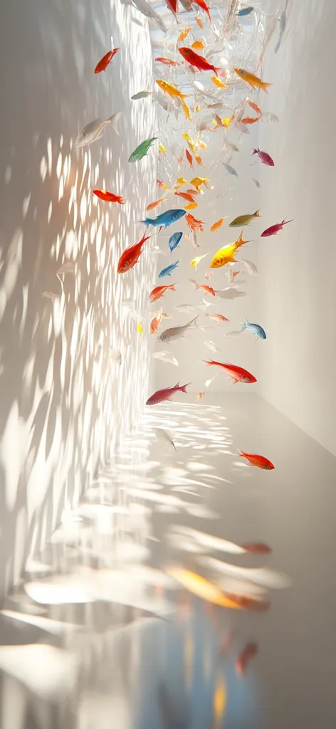 A vibrant installation art piece features numerous colorful fish suspended in mid-air against a white wall.  The fish, in various shades of red, orange, yellow, and blue, appear to be floating in a cascading formation.  Sunlight filters through the space, casting dappled shadows on the wall, creating a dynamic interplay of light and color. The overall effect is one of serene movement and ethereal beauty.