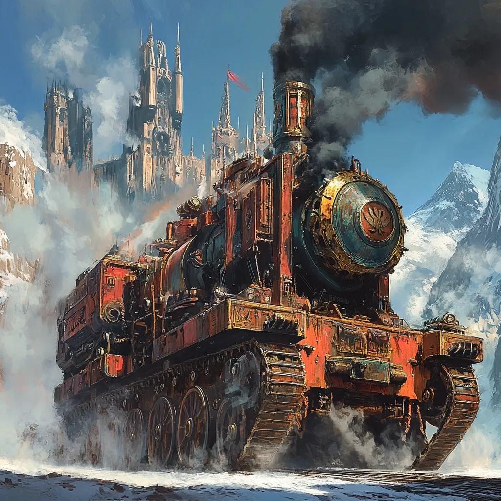 A colossal, rusty steampunk locomotive, resembling a tank-train hybrid, chugs through a snowy landscape.  Smoke billows from its smokestack.  In the background, a majestic, gothic-style castle rises against a backdrop of snow-capped mountains under a bright, clear sky. The scene evokes a sense of adventure and a fantastical, alternate world.