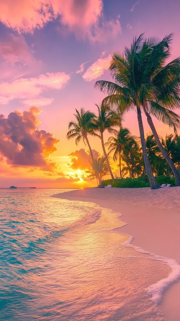 A breathtaking sunset paints the sky in vibrant hues of pink and orange.  Palm trees line a pristine, white sand beach, gently lapped by turquoise waves.  The tranquil scene is idyllic, with a boat visible on the calm ocean in the distance.  The overall atmosphere is serene and peaceful, capturing the essence of a tropical paradise.