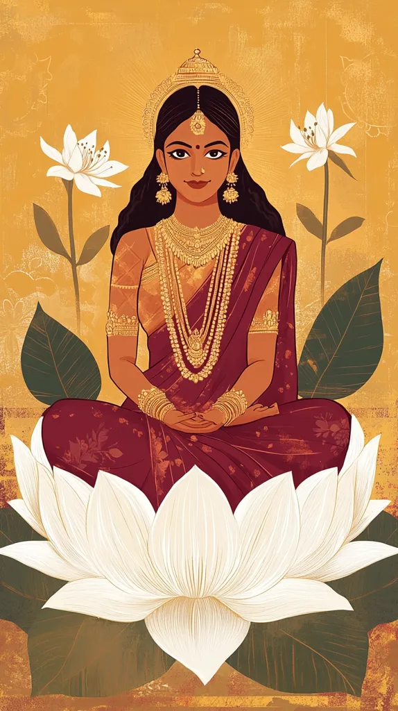 A stylized illustration depicts a serene woman, adorned in a rich maroon saree and opulent gold jewelry, seated gracefully atop a large white lotus blossom.  Her dark hair is elegantly styled, and she wears a jeweled crown. White lotus flowers flank her, set against a warm, ochre background. The artwork suggests a divine or regal presence, with a focus on intricate detail and calming color palettes.