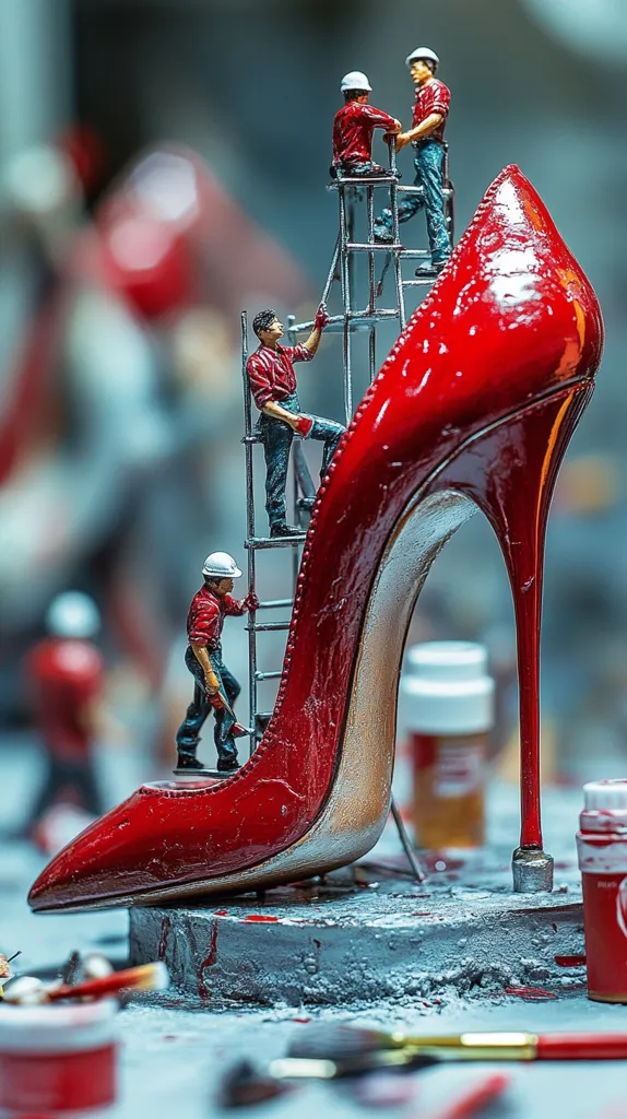 Miniature construction workers in red overalls ascend a ladder to paint a giant red high-heeled shoe.  The scene is meticulously detailed, set on a grey platform with paintbrushes and paint containers scattered around the base.  The vibrant red of the shoe contrasts sharply with the muted grey of the setting, creating a striking visual. The image suggests a playful, artistic commentary on labor and luxury.