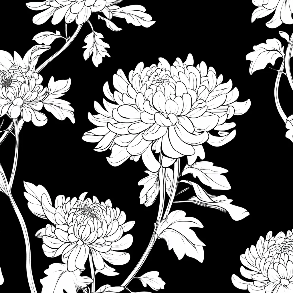 A black and white seamless pattern features intricately detailed chrysanthemum flowers.  The blossoms are rendered in a detailed line drawing style, showcasing their layered petals and delicate leaves.  The flowers are arranged on elegant stems against a stark black background, creating a sophisticated and visually striking floral design.