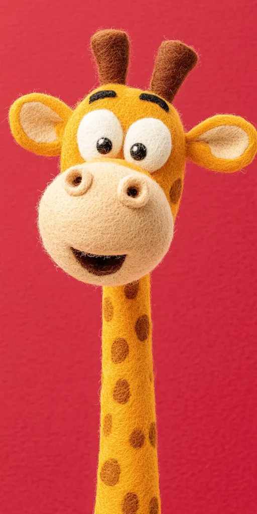 A close-up shot of a cheerful, cartoonish giraffe crafted from felt. Its large, expressive eyes and a wide, open mouth convey a joyful expression. The giraffe's yellow body is adorned with brown spots, and its long neck extends downwards, against a vibrant red backdrop.  The texture of the felt is visible, adding to its handcrafted charm.