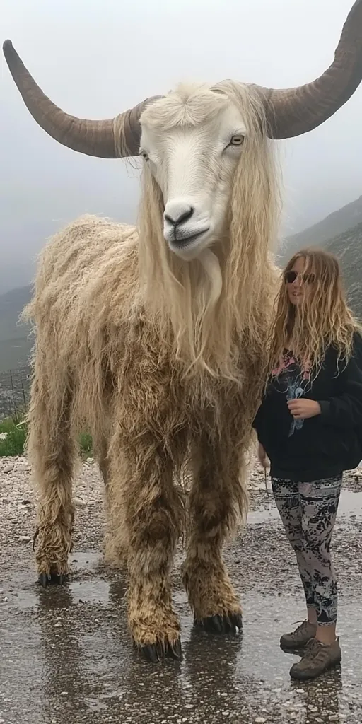 A large, long-haired goat with impressive horns stands on a wet road.  Its coat is a light tan color, and its fur is thick and shaggy.  A young woman with long blonde hair and sunglasses stands beside the goat, appearing small in comparison to the animal's size. The background is a hazy, mountainous landscape.  The overall scene is somewhat surreal due to the goat's unusual size and appearance.