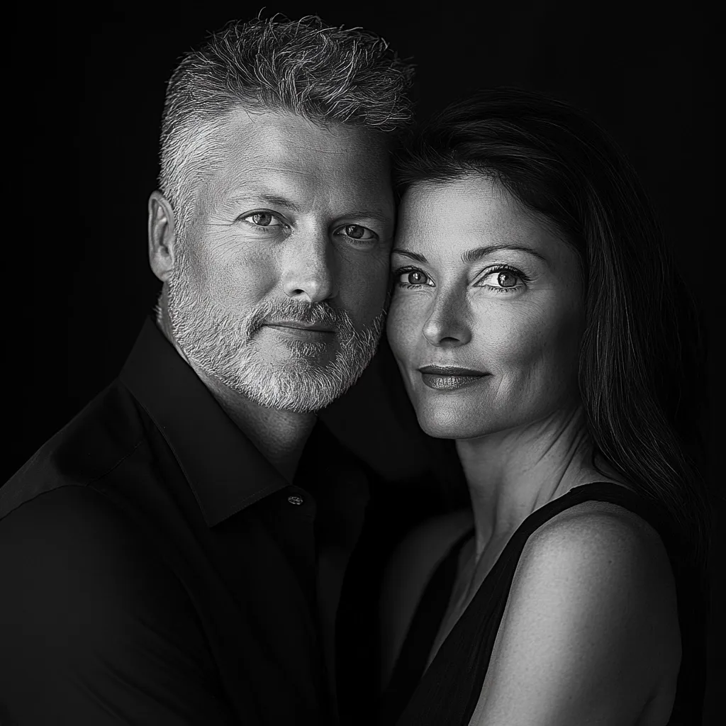 A black and white close-up portrait of a mature couple.  The man, with salt and pepper hair and a beard, rests his head slightly against the woman's.  She has long dark hair and is looking directly at the camera.  Both have a calm and intimate expression, their faces close together, suggesting a strong connection. The dark background emphasizes the couple's closeness and the intimacy of the moment.