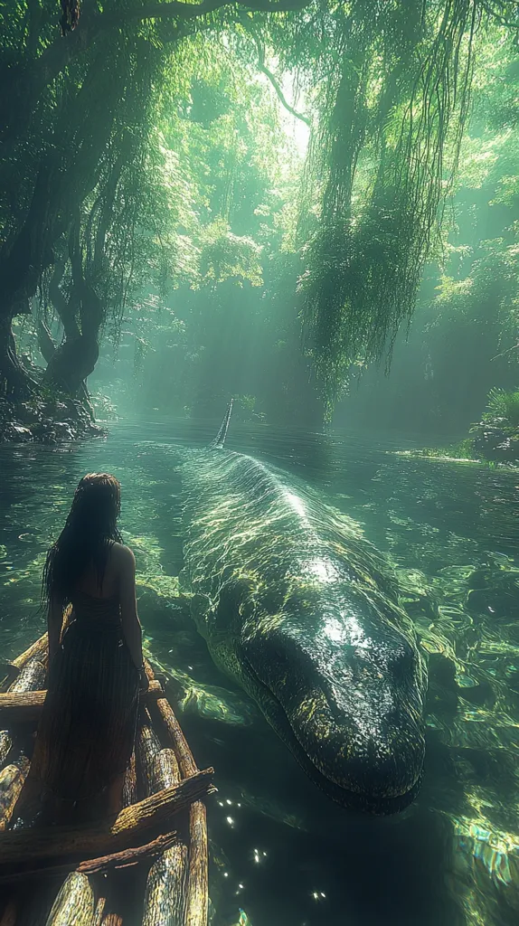 A woman sits in a simple wooden raft on a tranquil, mist-shrouded river, deep within a lush, green forest.  A massive, prehistoric-looking creature, possibly a crocodile or large aquatic reptile, swims beneath the surface, its head emerging from the water directly in front of her.  The scene is serene yet subtly ominous, evoking a sense of mystery and ancient wonder.