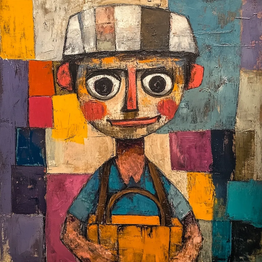 A stylized portrait of a child, painted in a bold, textured style.  The child wears a striped cap and teal shirt, holding an orange box.  The background is a vibrant patchwork of geometric shapes in various colors, creating a visually striking contrast to the figure. The artist employs thick paint application and exaggerated features for a naive yet expressive effect.