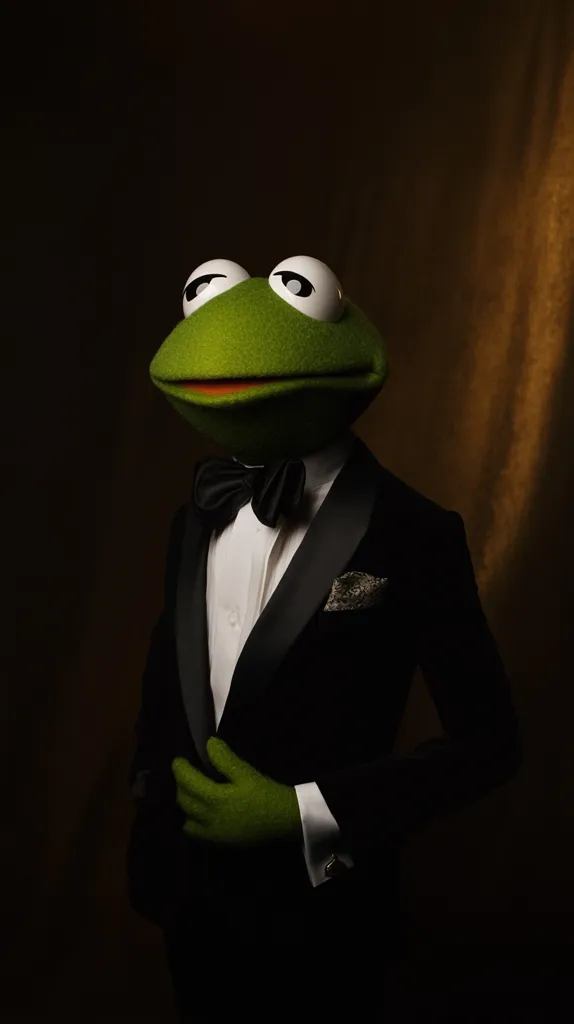 Kermit the Frog, the iconic Muppet, is elegantly dressed in a black tuxedo.  He sports a classic bow tie and a crisp white shirt, his signature green skin contrasting sharply with the formal attire.  His expression is subtly pensive, and his hands are neatly adjusted on his jacket. The dimly lit background highlights Kermit's sophisticated appearance.