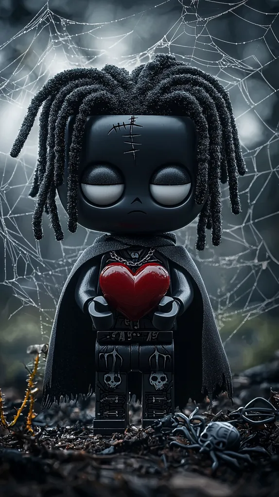 A dark, stylized Lego minifigure with dreadlocks and a scar stands in a shadowy forest.  It wears a cape and holds a large red heart.  A web stretches behind it, and small spiders are visible in the foreground. The overall aesthetic is gothic and slightly macabre, yet the figure's pose suggests a melancholic tenderness.