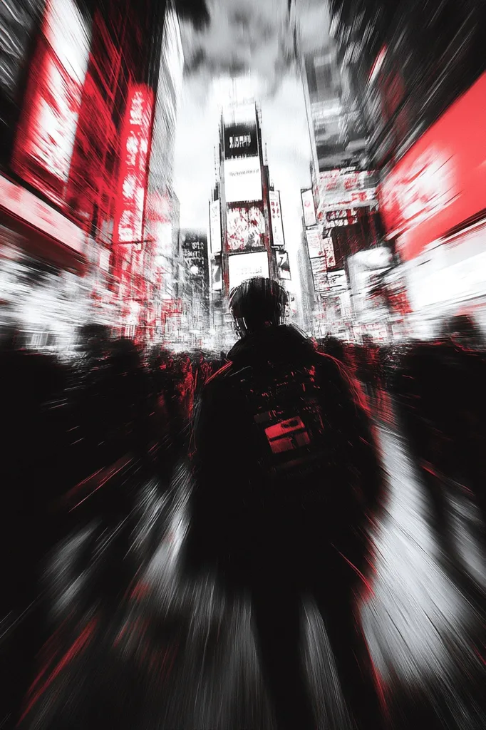 A person walks through a bustling city street, the scene captured with a motion blur effect.  Bright red and white lights from billboards and advertisements create a vibrant, energetic atmosphere.  The individual is silhouetted against the dynamic backdrop, emphasizing the anonymity within the urban crowd. The overall impression is one of speed, energy, and the overwhelming sensory experience of a city at night.