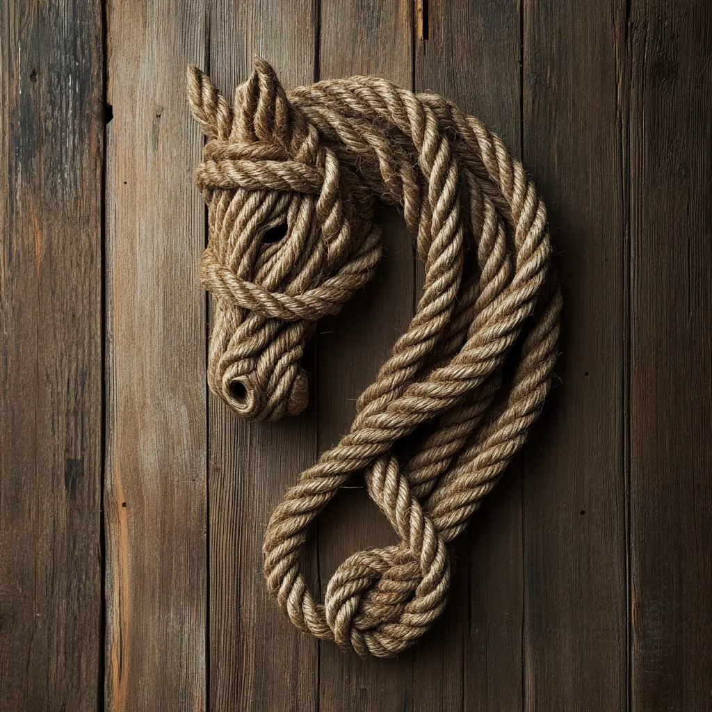 A horse's head is artfully crafted from thick, knotted hemp rope.  The rope's texture and the dark brown wood background create a rustic, western aesthetic. The horse's mane and head are meticulously formed with the rope, showcasing a skilled craftsmanship.  The image is a study in texture and contrast, highlighting the natural materials.