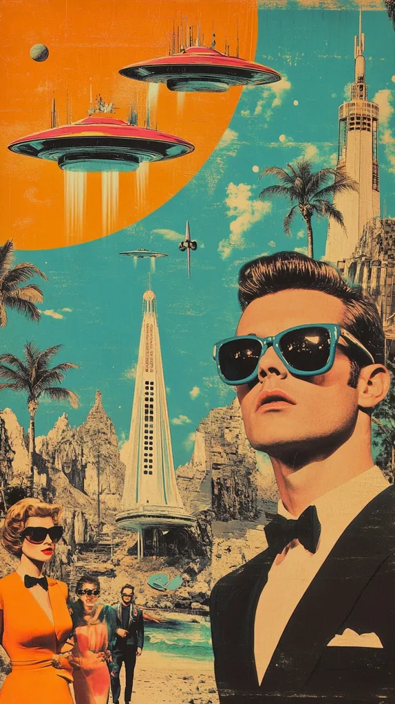 A retro-futuristic collage features a sharply dressed man in sunglasses, overlooking a beach scene with palm trees and a futuristic tower.  Two flying saucers hover overhead in a vibrant orange and teal sky.  Women in stylish 1960s attire and men in suits are also present, creating a surreal and stylish juxtaposition of eras and styles.  The overall tone is whimsical and nostalgic, evoking a sense of mid-century science fiction.