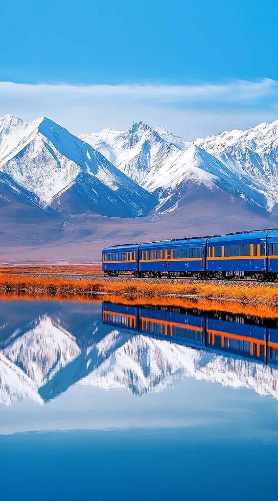 A long, blue and orange passenger train travels across a tranquil landscape.  Snow-capped mountains rise majestically in the background under a clear blue sky.  The train's reflection is perfectly mirrored in a calm body of water in the foreground, creating a stunning symmetrical scene.  The overall image evokes a sense of serene beauty and vastness.