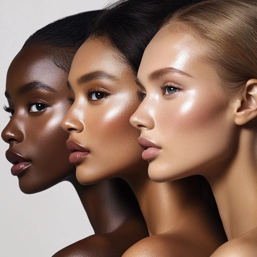 Three women with varying skin tones—dark brown, medium brown, and fair—are positioned in profile, their faces close together.  Their skin has a luminous, dewy finish, highlighting their features.  The image emphasizes beauty diversity and the natural radiance of different complexions.
