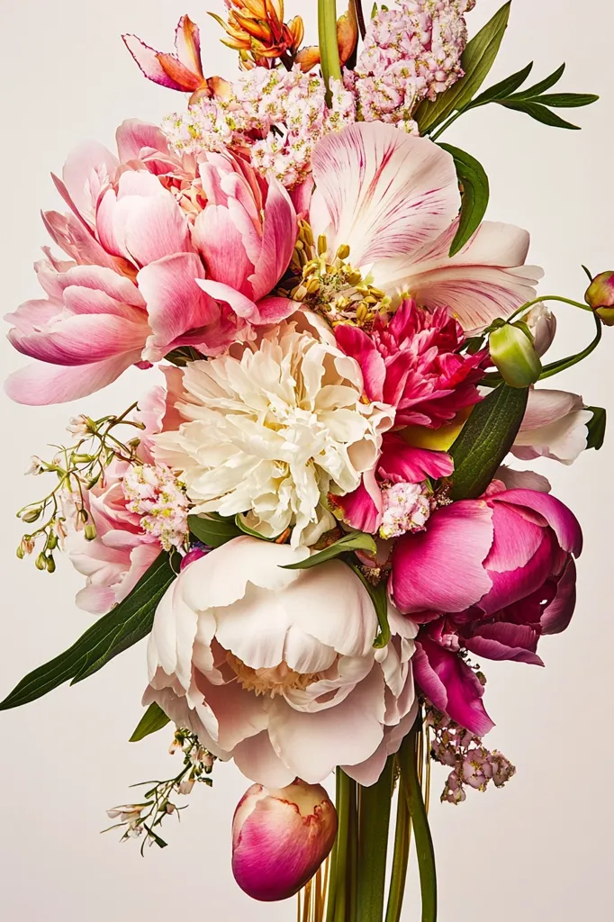 A vibrant bouquet of peonies in varying shades of pink and white dominates the image.  Lighter, creamy peonies are nestled amongst deeper pink blooms, complemented by smaller, delicate pink flowers and hints of orange.  The arrangement is lush and full, creating a visually stunning display of floral artistry.  Long green stems and gold accents add to the elegant composition.