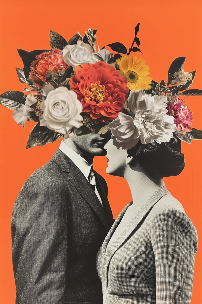 A striking collage depicts a man and woman, their heads replaced with a vibrant bouquet of flowers.  The couple is shown in profile, seemingly lost in a tender moment against a bold orange background.  The monochrome figures contrast sharply with the colorful floral arrangement, creating a visually captivating and emotionally resonant image. The style evokes vintage aesthetics with a modern twist.