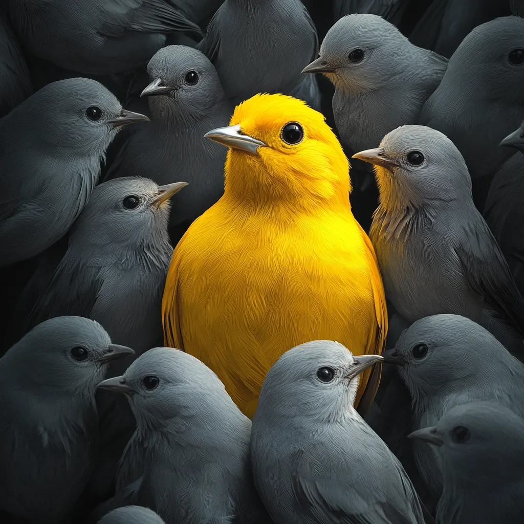 A vibrant yellow bird stands out amidst a flock of gray birds.  The yellow bird is centrally positioned, its bright plumage contrasting sharply with the muted tones of its surroundings. The image creates a striking visual metaphor, possibly representing individuality, uniqueness, or standing out from the crowd.  The detailed rendering of the birds' feathers enhances the overall impact.