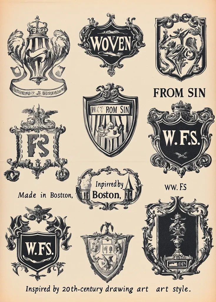 A collection of twelve vintage-style emblems and crests, designed in a 20th-century drawing art style.  The designs feature ornate flourishes, shields, and cartouches, incorporating text such as "Woven," "From Sin," "W.F.S," and "Made in Boston."  The aesthetic is reminiscent of heraldic symbols and classic logo design.