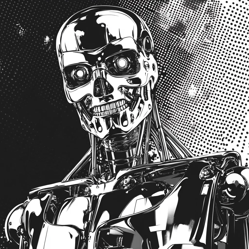 A close-up illustration of a chrome-plated robotic skull, reminiscent of a Terminator.  The metallic surface gleams, reflecting light.  Visible mechanical components and wiring are intricately detailed. The background features a stark black and white halftone pattern, adding a comic book-like aesthetic.  The robot's expression is neutral, yet imposing.