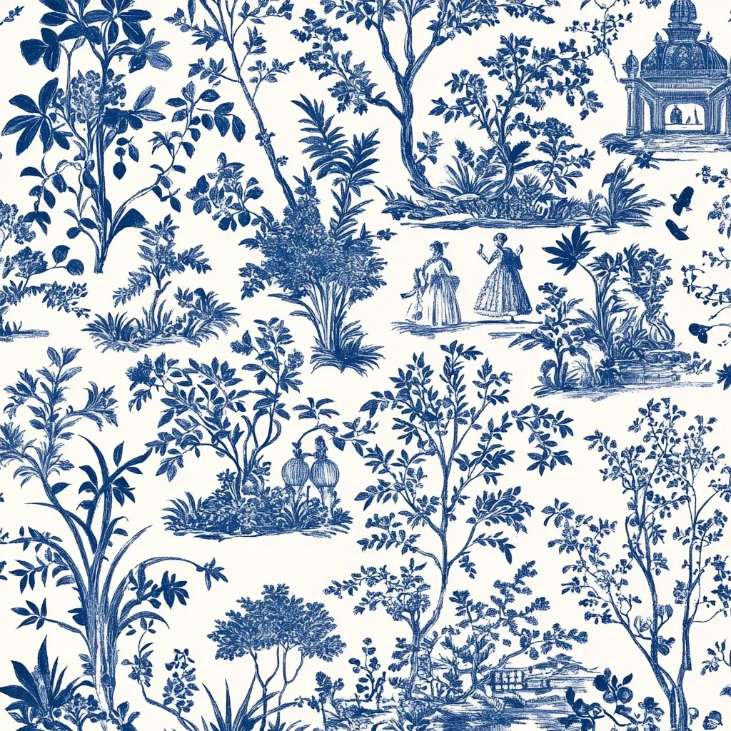 A toile-style pattern in shades of blue on a white background. The design features various trees, plants, shrubs, and two women in period clothing. Architectural elements, possibly a gazebo or folly, are also depicted. The style suggests a romanticized depiction of a garden or park scene, reminiscent of 18th-century French design.  The overall aesthetic is elegant and classic.