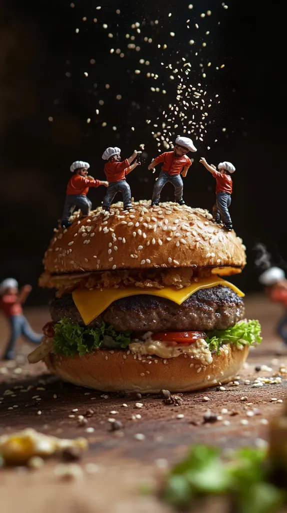 A large, juicy burger is the centerpiece of this captivating image. Miniature chefs, dressed in red and white, playfully adorn the top of the burger, scattering sesame seeds as they work.  The burger, brimming with cheese, lettuce, and a flavorful patty, rests on a rustic wooden surface, scattered with more sesame seeds. The scene is dynamic, playful, and visually stunning.