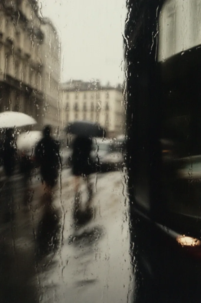 Rain streaks a window, blurring the view of a city street.  Pedestrians, mostly obscured, huddle under umbrellas.  Buildings are indistinct, muted tones reflecting the grey sky.  The overall impression is one of damp urban anonymity and a melancholic atmosphere. A dark vehicle's interior is partially visible in the foreground.