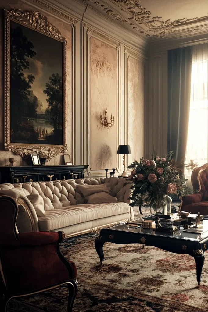 A luxurious living room features ornate gold-framed moldings, a large landscape painting, and an off-white tufted sofa.  A dark, polished coffee table sits in the center of a richly patterned rug, adorned with a vase of pink roses.  A burgundy armchair and a glimpse of a crimson velvet chair add depth to the opulent, sunlit space. The overall aesthetic is classic and stately.