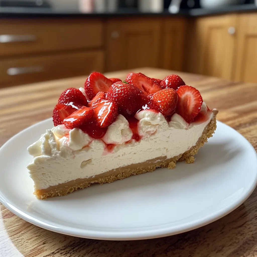 A slice of creamy cheesecake is topped with glistening strawberries and a light strawberry glaze.  The cheesecake rests on a buttery, golden crust.  It's presented on a simple white plate, sitting on a wooden table. The creamy texture and vibrant red strawberries create a visually appealing dessert.