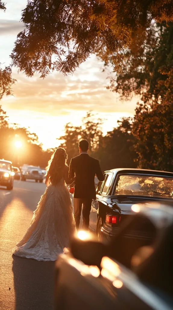 A bride and groom, silhouetted against a vibrant sunset, walk hand-in-hand towards a vintage car.  The bride's flowing wedding gown trails behind her.  The warm light casts long shadows on the road as they depart, leaving a trail of romantic golden light in their wake.  Other cars are visible in the background, adding depth to the scene.