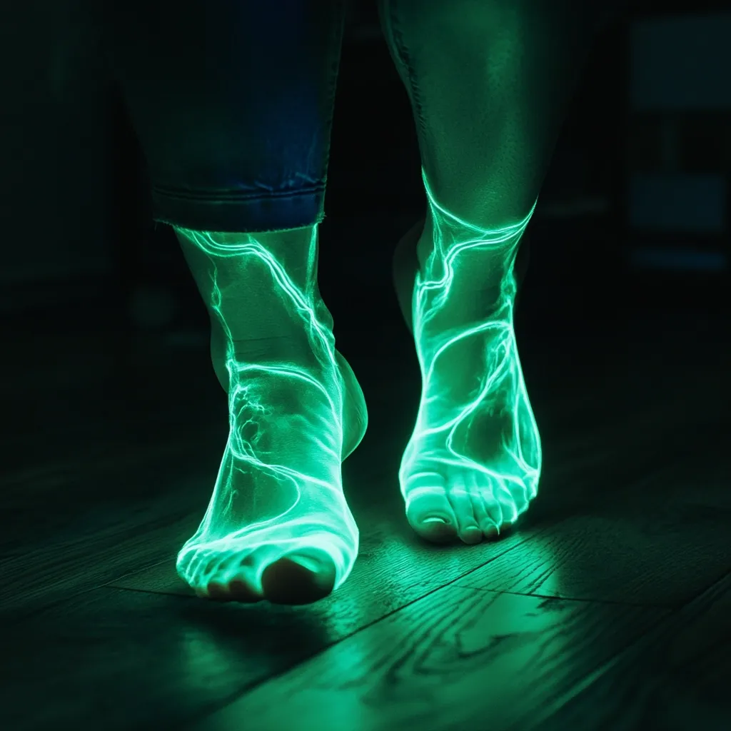 A close-up shot reveals a person's feet, glowing with an ethereal, bright green light.  The luminescence traces intricate patterns resembling veins or electrical currents across the skin of their ankles and feet.  The feet are positioned on a dark, polished wooden floor, enhancing the contrast and mystical quality of the image. The overall effect is both striking and surreal.