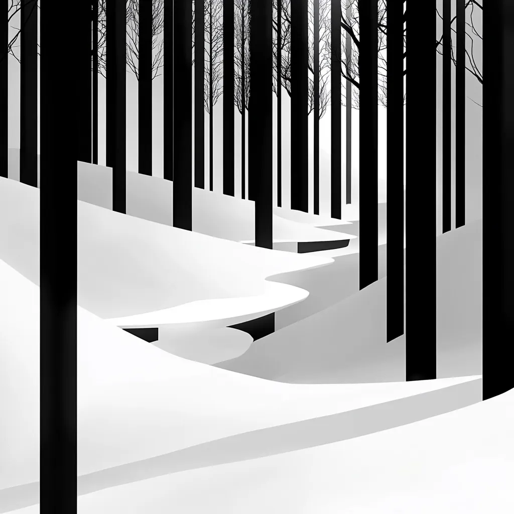 A stylized black and white illustration depicts a snowy forest path.  Tall, slender trees stand in stark contrast to the smooth, undulating snowdrifts.  A winding stream or gully cuts through the snow, creating a sinuous line leading deeper into the woods.  The scene is minimalist and graphic, emphasizing form and shadow.