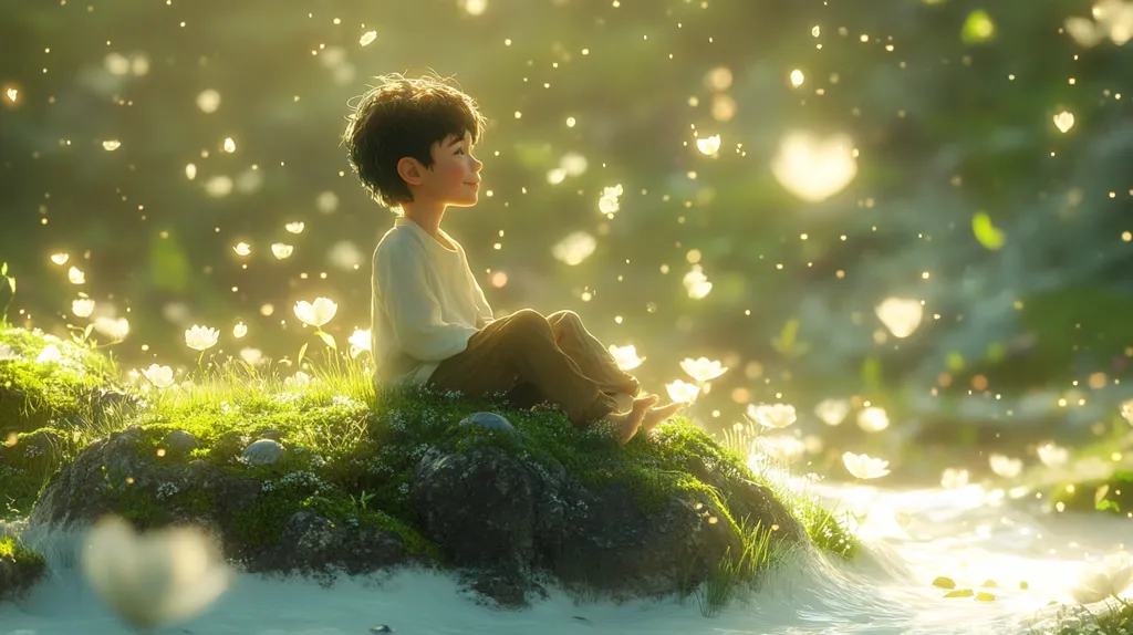 A young boy with short dark hair sits peacefully on a mossy rock beside a gentle stream.  He's wearing a cream-colored sweater and brown pants, gazing contentedly at a magical scene.  White, glowing blossoms float in the air around him, bathed in soft, golden sunlight. The overall atmosphere is serene and enchanting, suggesting a fantasy or dreamlike setting.