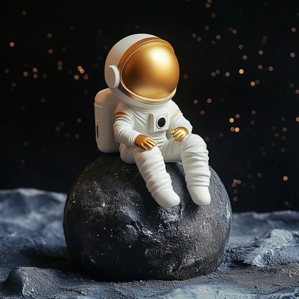 A charming figurine depicts a white astronaut with a gold helmet, seated contemplatively on a dark, textured sphere, reminiscent of a moon rock. The astronaut's pose and the backdrop of a starry night create a serene and whimsical scene.  The figurine's details are finely crafted, showcasing a blend of matte white and glossy gold finishes.  The overall aesthetic is both modern and nostalgic, evoking a sense of space exploration and wonder.