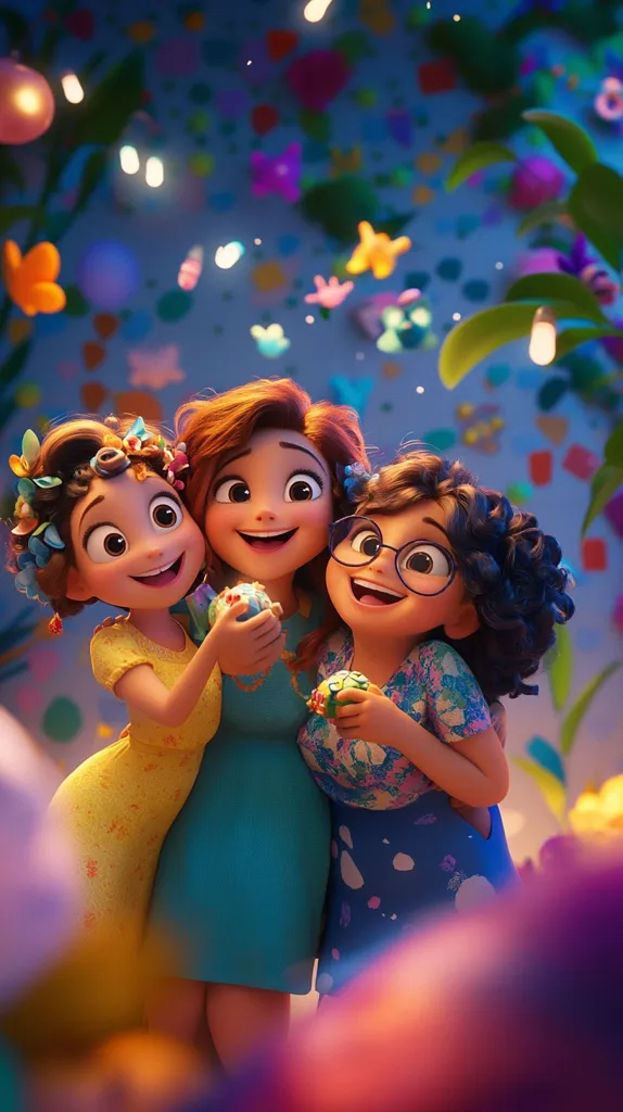Three adorable, cartoon girls stand close together, embracing.  They have large, expressive eyes and bright smiles.  One wears a yellow dress, another a teal dress, and the third a blue and white patterned dress.  They hold colorful, decorative objects. The background is a vibrant, whimsical setting with glowing lights and floral decorations, creating a magical and cheerful atmosphere.