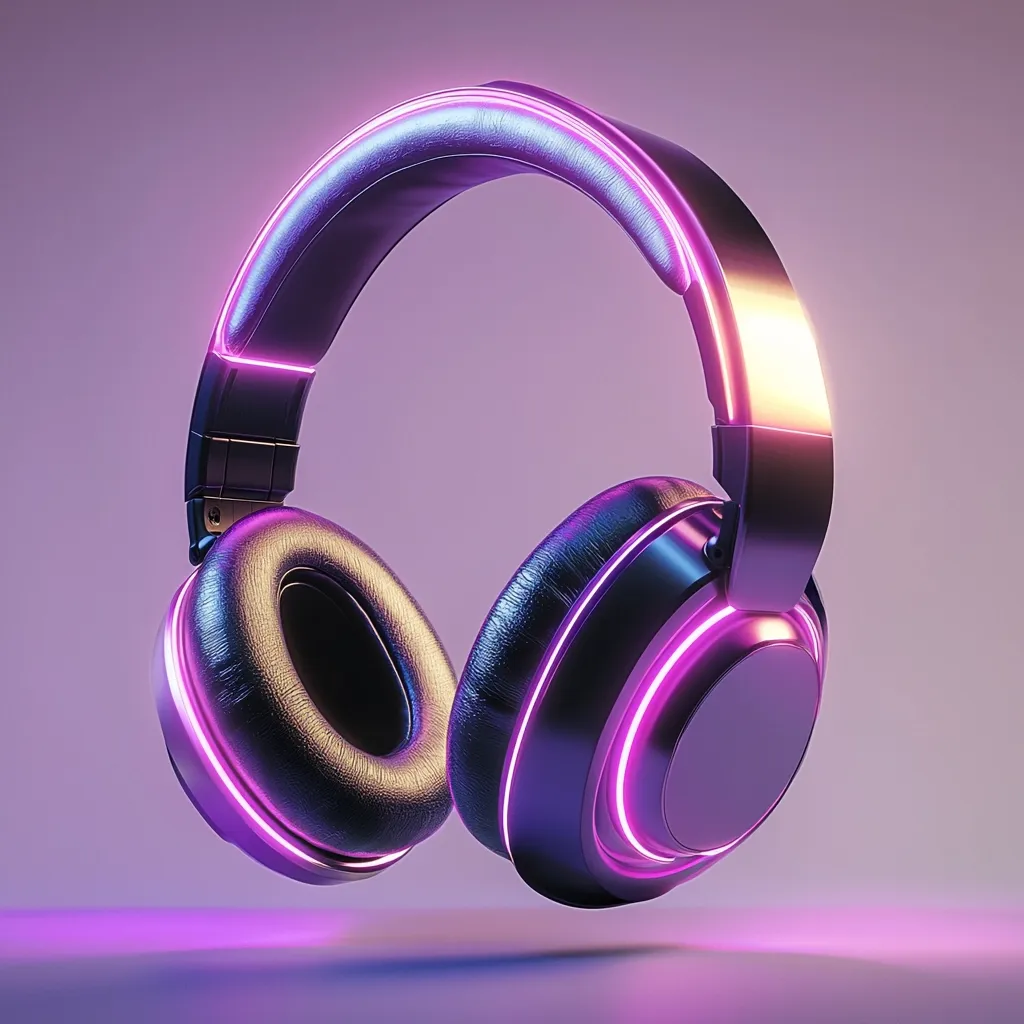 A pair of stylish over-ear headphones with a sleek, dark metallic finish are showcased against a soft purple backdrop.  Neon purple accents encircle the earcups and headband, creating a vibrant and modern aesthetic. The headphones appear to be floating slightly above the surface, adding to their futuristic feel. The image emphasizes the headphones' design and the glowing lights.