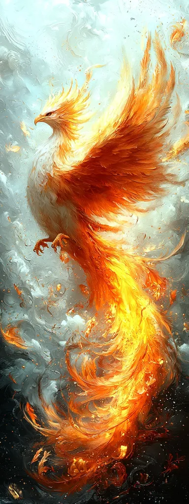 A fiery phoenix, a mythical bird, takes flight against a swirling backdrop of grey and orange. Its plumage is a vibrant blend of orange and white, its tail trailing flames that seem to dance in the air.  The artwork uses a painterly style, with visible brushstrokes creating texture and movement.  The overall effect is one of dynamism and ethereal beauty.